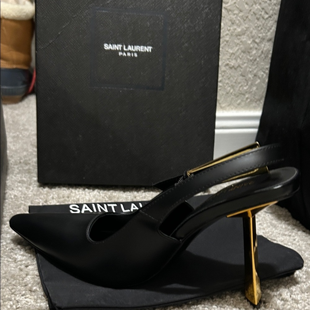 Saint Laurent Black Lee Leather Heels with Gold Heel